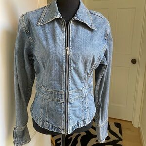 Beautifully faded and fitted zip front, zip sleeve Yuka Jean denim jacket